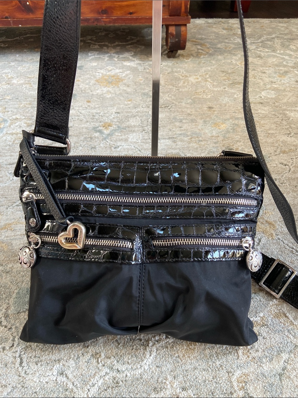 Brighton Black Croc Embossed Patent & Nylon GoGo Messenger Crossbody